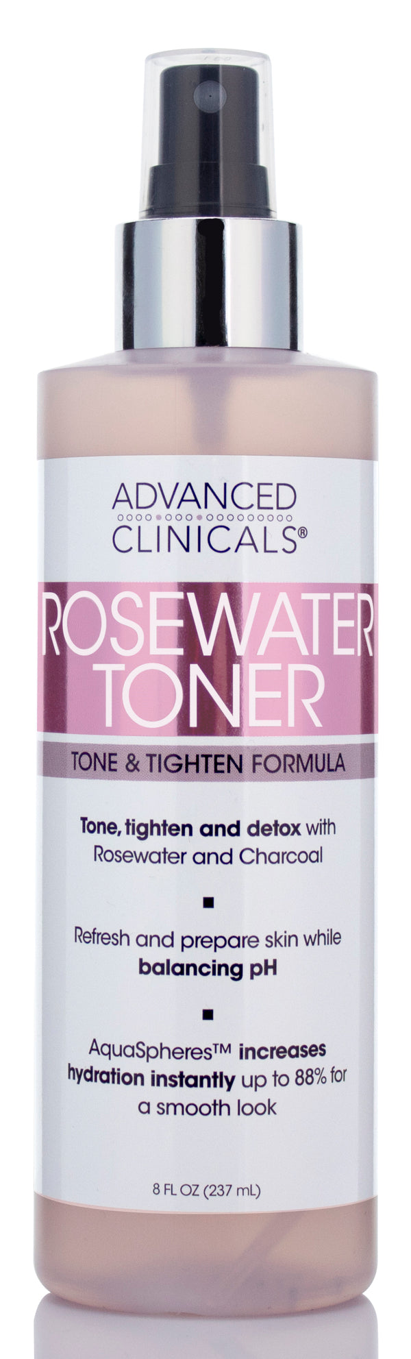 8oz Advanced Clinicals Rosewater Toner with Charcoal and Aloe Vera.  Balancing PH formula detoxifies and hydrates skin and improves overall skin tone.  Alcohol-free. - Pure Valley 