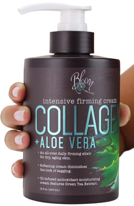 Bloom Collagen Firming Cream for Body and Face.  Intensive moisturizer with Aloe Vera, and Green Tea extracts for sagging, aging, and dry skin.  Large 15 Fl oz (444 mL) jar with pump. - Pure Valley 
